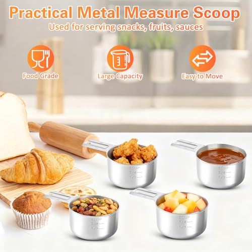4 Pack 1 Cup Stainless Steel Measuring Cup, 250 ml | 240 cc | 8 oz Single Measuring Cups with Handle, Small Measuring Scoops Coffee Scoop for Kitchen Cooking Baking