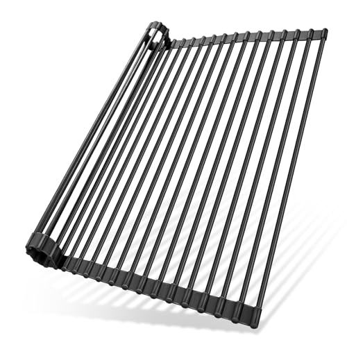 Ohuhu Over The Sink Dish Drying Rack, 20.5" W x 13.1" L Rolling Dish Drainer Foldable Sink Accessories Heat-Resistant Mat Anti-Slip Silicone Coated Dish Racks for Kitchen Counter - color: Black, size: 20.5"W x 13.1"L