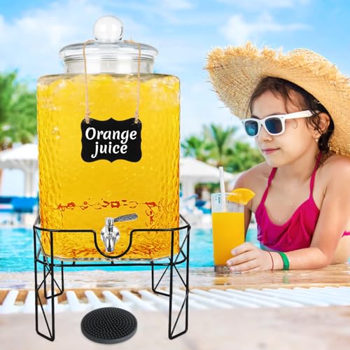 4.6 Gallon Glass Beverage Dispenser with Stand Beverage Dispensers with Stanless Steel Spigot Hanging Chalkboard Signs Drip Trays Drink Juice Dispenser with Lids for Party Wedding Kitchen