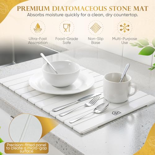 Upgraded Micro Groove Stone Dish Drying Mat for Kitchen Counter, White 24"(L)x16"(W) Large Kitchen Drying Mat, Diatomaceous Earth Stone Mat, Collapsible Dish Drying Mat
