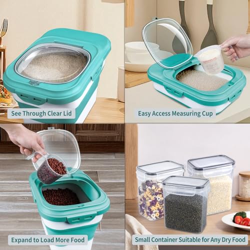 Komzon Rice Storage Container, Collapsible Airtight Food Storage Containers 6-20 Lbs, Rice Dispenser with Measuring Cup and Small Bin for Flour Cereal Pasta Grain, Cat Pet Dog Bird Food Container - color: Green