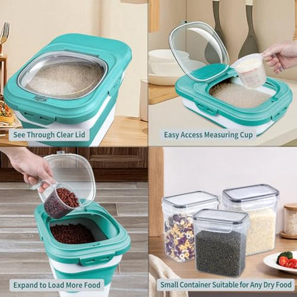 Komzon Rice Storage Container, Collapsible Airtight Food Storage Containers 6-20 Lbs, Rice Dispenser with Measuring Cup and Small Bin for Flour Cereal Pasta Grain, Cat Pet Dog Bird Food Container - color: Green