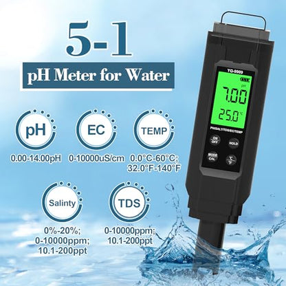 PH Meter,5 in 1TDS Meter,Salinity Tester,EC Meter,Temp,pH Meter for Water,TDS Meter Digital Water Tester,EC Meter Hydroponics,pH Tester Digital PPM Meter,Pool Salt Tester. - size: NEW 5 in 1