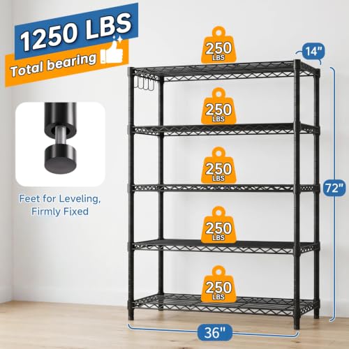 5 Tier Wire Metal Shelving: Adjustable Pantry Storage Shelves, NSF Bakers Rack Heavy Duty Garage Shelving Unit, Utility Shelf Organizer for Closet, Kitchen, 72" H x 36" W x 14" D, Black - size: 36"W x 14"D x 72"H