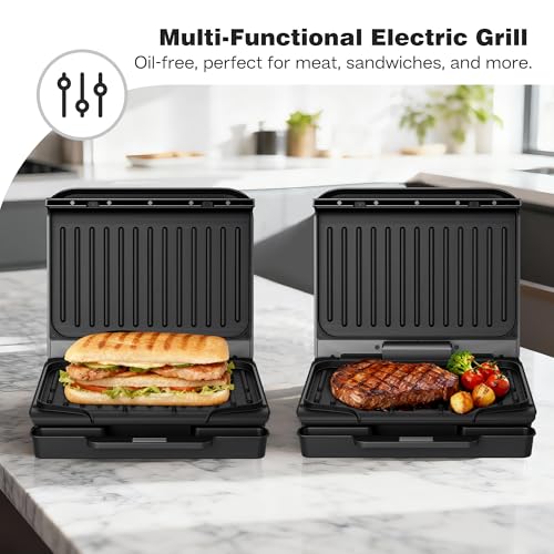 KEINVE 2-Serving Electric Grill and Panini Press, Tilted Grilling Surface for Rapid Oil Drainage, Non-Stick Coating Easy to Clean - size: 2-Serving Grill
