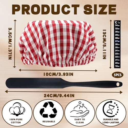 5-Pack Sourdough Starter Jar Covers Kit, 3 Colorful Linen Cloth + Dough Scraper + Temperature Strip, Unbleached Reusable Fermentation Cover for 3‑4 Inch Mason Jars, Sourdough Bread Baking Supplies
