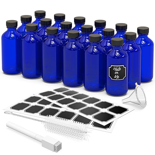 Nevlers 8 Oz Glass Bottles with Lids, Funnel, Brush, Marker & Labels | 18 Pack Leakproof 8oz Bottles with Lids | Cobalt Blue Bottle Set| Use as Glass Juice Jars , Vanilla Extract Making Kit & More - color: Blue