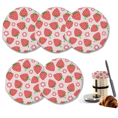 Cloth Covers for Sourdough Starter Jars, Red Strawberry Flower Heat Preservation to Increase Fermentation for Bread Sewn Cloth Cover for Sourdough Starter（5 Pack） - color: Red Strawberry Flower