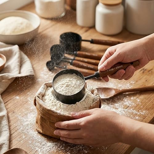 Measuring Cups and Spoons Set, 8PCS Stainless Steel Metal Measuring Cups, Walnut Wood Handle, Black Plated, For Dry and Liquid Ingredients