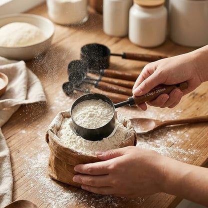 Measuring Cups and Spoons Set, 8PCS Stainless Steel Metal Measuring Cups, Walnut Wood Handle, Black Plated, For Dry and Liquid Ingredients