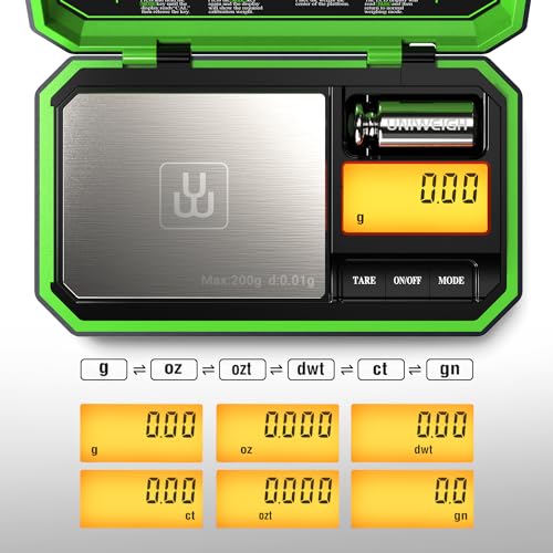 UNIWEIGH Digital Pocket Scale 200g/0.01g, Digital Scale Grams Precision | Jewelry Scale,Coins Scale with 50g Cal Weights for Powder,small items,Tea,Jewelry,Coins (Battery Included)-Fluorescent Green - color: Fluorescent Green