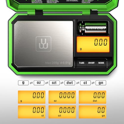 UNIWEIGH Digital Pocket Scale 200g/0.01g, Digital Scale Grams Precision | Jewelry Scale,Coins Scale with 50g Cal Weights for Powder,small items,Tea,Jewelry,Coins (Battery Included)-Fluorescent Green - color: Fluorescent Green