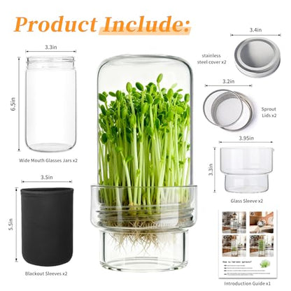 Sprouting Jar Kit, 2 Pack Wide Mouth Mason Jar Sprouting Kit with Sprout Lids, Blackout Sleeves, Drain Cover, Perfect for Home Gardeners, Health Enthusiasts & Vegan Diets - color: 2Pack+2Sleeve