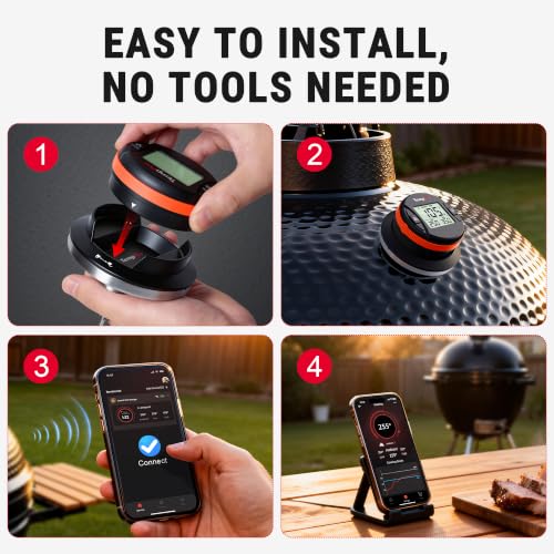 TempPro Bluetooth Grill Thermometer with LCD Display & App Alerts, 500FT Wireless Temperature Gauge for Smoker, Kettle, Kamado, Pellet, Gas Grills, 0.3 Inches Universal Sensor Fits Most Lids