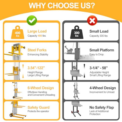 122" Material Lift Winch Stacker, 400 lbs Capacity Manual Material Lifts, Fixed Straddle Material Lifter, Hand Winch Lift Trucks for Warehouse, Factory, Lightweight, 34.60"L x 24.80"W, Yellow - color: Yellow