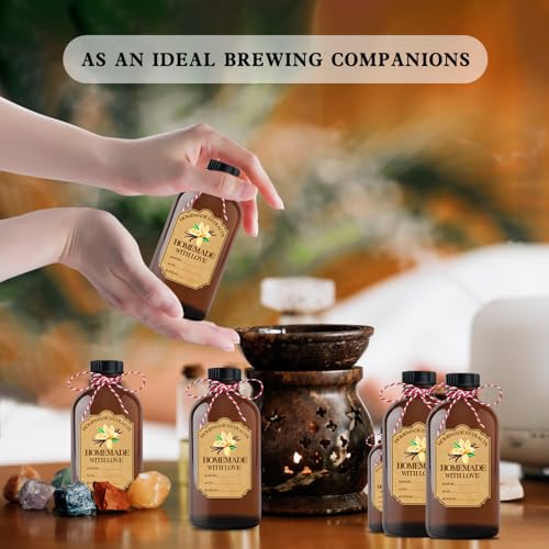 4Pcs 16 oz Amber Glass Bottle Brown Round Bottles with Caps, for Vanilla Extract Homemade, for Syrup Gift Glass Food Storage Canister Set, Sauce Beans, Essential Oil - color: 16 Ounce