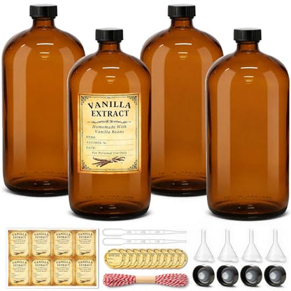 TBWIND 4 Pack 32oz Amber Glass Boston Round Bottles with Airtight Caps | Refillable Storage Bottles for Vanilla Extract, Kombucha, Cold Brew, Syrup & Oils with Droppers, Labels & Funnels - size: 32 oz