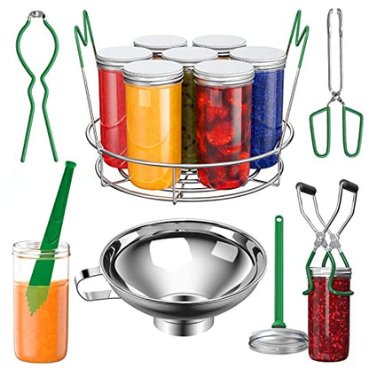 Pisol Canning Supplies Starter Kit, 7 Piece Canning Tools Set with Stainless Steel Rack, Wide Mouth Funnel, Kitchen Tongs, Jar Lifter, Magnetic Lid Lifter, jar Wrench, Bubble Popper - color: Green