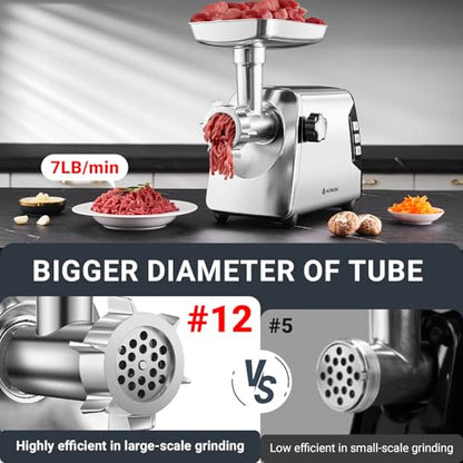 AAOBOSI #12 Meat Grinder, [3000W] 3 Speed Meat Grinder Heavy Duty: Built-in Storage Box, 2 Blades,4 Plates,3 Sausage Stuffers,Kibbe Kit,Meat Claw & Burger Press, for Home & Kitchen Use - color: Metal Sliver