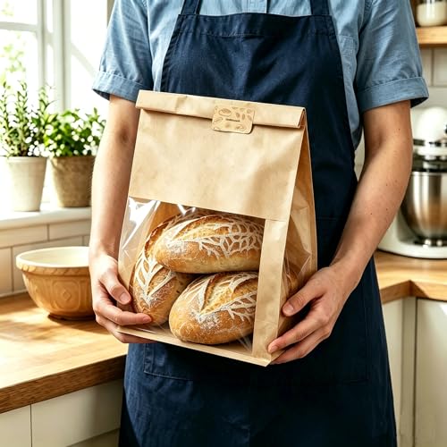 Extra Large Bread Bags for Homemade, 50 Count, 50% Thicker Sourdough Paper With Ties, 15.7 * 10.2 * 5.1 in, Tin Tie Tab Lock Bakery Bags With Window and Sealing Stickers for Storage Packaging Gifting - color: Print
