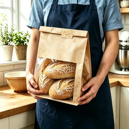 Extra Large Bread Bags for Homemade, 50 Count, 50% Thicker Sourdough Paper With Ties, 15.7 * 10.2 * 5.1 in, Tin Tie Tab Lock Bakery Bags With Window and Sealing Stickers for Storage Packaging Gifting - color: Print