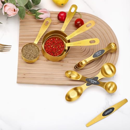 Gold Measuring Cups and Spoons, Set of 13, Including 8 Dual Sided Magnetic Measuring Spoons set with Leveler, 5 Measuring Cups, Stainless Steel Kitchen Gadgets for Liquid & Dry Ingredients - size: Set of 13
