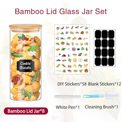 BGraceyy 32 oz 8 Pcs Glass Jars with Bamboo Lids, Stackable Clear Food Storage Jars, Airtight Kichen Glass Pantry Storage Containers with Lids for Rice, Candy, Sugar, Flour, Nuts, Cookie, Coffee Bean - size: 32 oz 8 pcs