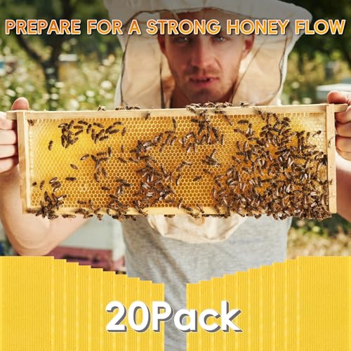 20PCS Natural Beeswax Coated Bee Frame Medium Foundation Sheets, Food-Grade Plastic Bee Hive Foundation for Medium Super Frames (Yellow) - color: Yellow, size: 20PCS
