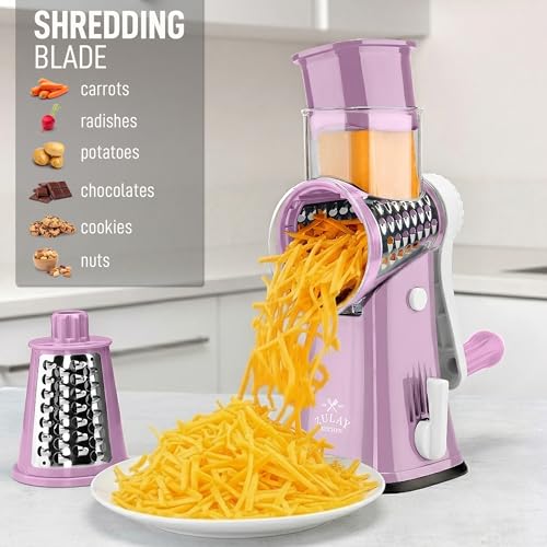 Zulay Kitchen Rotary Cheese Grater 5 Blade Cheese Shredder - Manual Hand Crank Cheese Grater With Reinforced Suction & 5 Interchangeable Drums - Easy to Use, Vegetable Chopper Round Mandoline Slicer - color: Pink and White