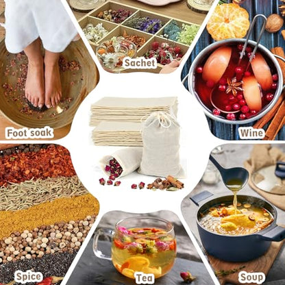Reusable Muslin Tea Bags: 30pcs 200-mesh Cotton Sachet Bags with Drawstring Boil-Safe for Cooking Soup -3 * 4in & 4 * 6in Spice Bags for Bathing Unbleached