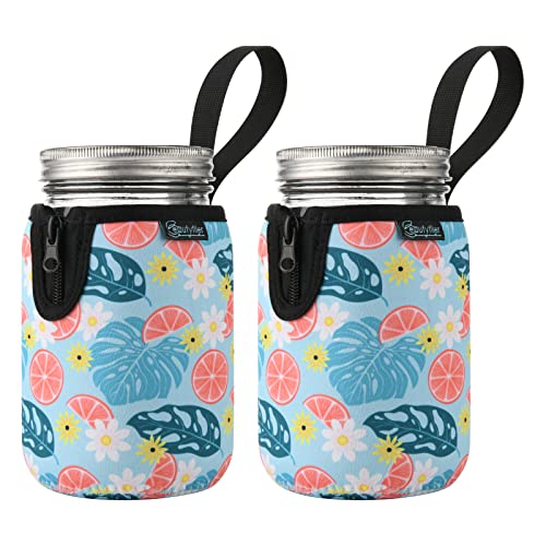 Beautyflier Mason Jars 32oz Wide Mouth Sleeve Regular Mouth Mason Jars Insulators Drinking Glass Coolers Sprouting Jars Blackout Sleeve (Flower & Leaf) - color: Flower & Leaf