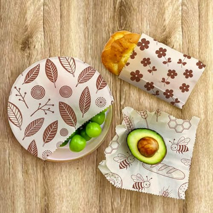 Reusable Bee&Floral Beeswax Wraps, 9 PCS Eco-Friendly Food Storage, Organic Cotton Sandwich, Snack, Bowl Covers, Zero Waste, Plastic-Free, Sustainable, 1XL, 3M, 5S - color: Brown Leaves Flowers Bees
