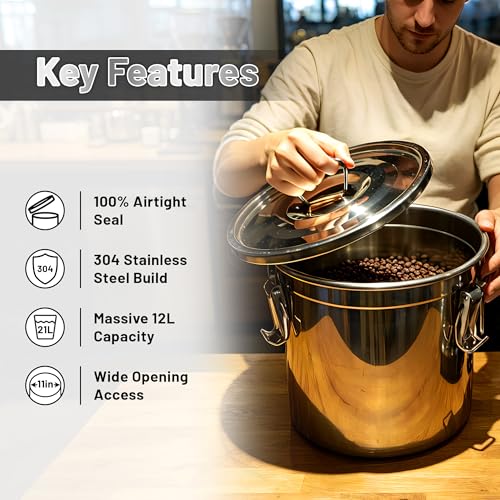 304 Stainless Steel Airtight Food Storage Container with Locking Lid & Clips 5.55gal/21L Large Kitchen Jar for Rice, Flour, Sugar, Grain, Coffee Beans - size: 21L