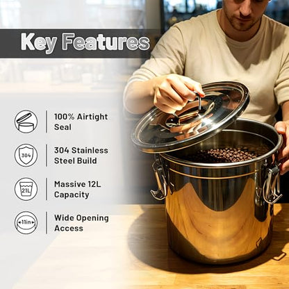 304 Stainless Steel Airtight Food Storage Container with Locking Lid & Clips 5.55gal/21L Large Kitchen Jar for Rice, Flour, Sugar, Grain, Coffee Beans - size: 21L