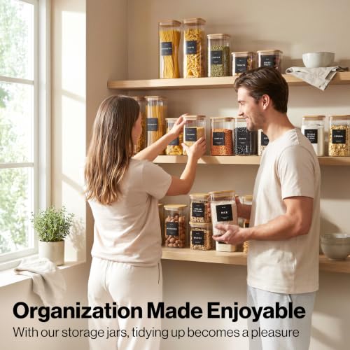 EDELHAUS Glass Storage Containers with Bamboo Lids and Labels - Set of 5 | Extra Thick Square Glass Canisters with Bamboo Wood Lids and 54 Pre-printed Pantry Labels keeps dry Goods Fresh and Organized - color: Black Labels - Bamboo Lids - 5 Pack