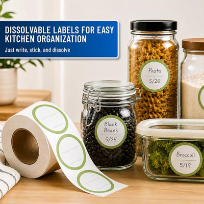 Water Soluble Labels for Food Containers – Dissolvable Kitchen Labels – No Sticky Residue – 2" Diameter, Two-Line Writable Surface, 200 Labels Per Roll (Green) - color: Green