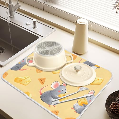 Mouse Cheese Rat Dish Drying Mats for Kitchen Counter, 18x24 inch Drying Dishes Absorbent Microfiber Dish Drainer Mat Rack Pad Fast Dry - size: 18x24in