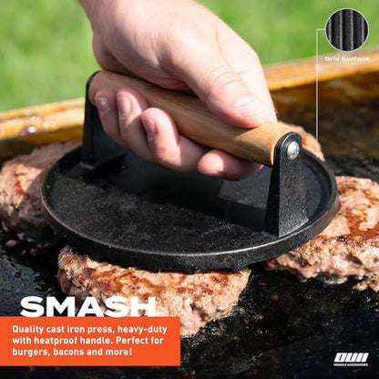 Flat Top Griddle Accessories Set for Blackstone and Camp Chef Griddle - Round Cast Iron Burger Bacon Press with 12 Inch Heavy Duty Round Basting Cover Melting Dome Lid & Basting Brush