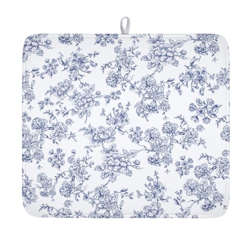 Blue Floral Dish Drying Mat for Kitchen Counter Chinoiserie Flower Microfiber Dish Drainer Mat Vintage Rustic Elegant Absorbent Washable Drying Pad Extra Large 16"x18" - color: Elegant Blue Flower, size: 18" x 16"