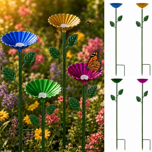 Bee Watering Station for Garden: Metal Bath with Colorful Flower Design - Butterfly Feeder to Attract Pollinators for Outdoor Yard Farm Decor(4 Pack)