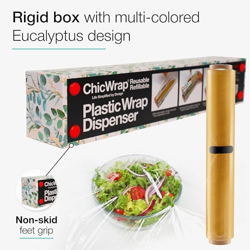 ChicWrap Eucalyptus Refillable Plastic Wrap Dispenser - One 12" x 250' Roll of Professional Grade Plastic Wrap - BPA Free and Kosher Certified - Reusable Dispenser w/Slide Cutter - style: Eucalyptus