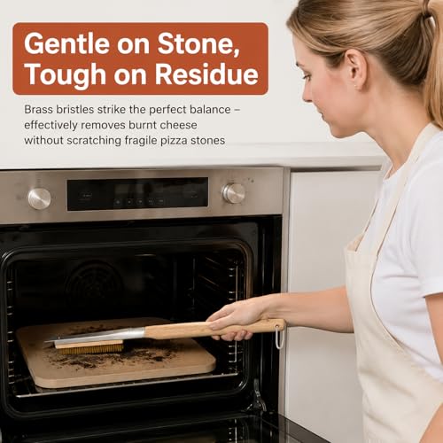 21'' Pizza Oven Brush with Scraper, Brass Bristles Pizza Stone Cleaning Brush with Long Handle and Hanging Loop for BBQ Grill Cleaning, Include 2 Brush Heads
