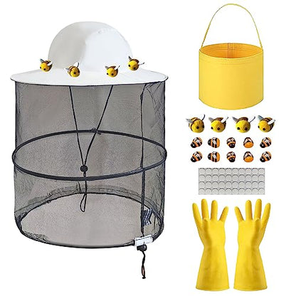 38Pcs Beekeeper hat Set Including 1Pc Bee Keeper Hat, 4Pcs Wool Felt Bee,10pcs Small Wooden Bee,Double Side Tape Yellow Beekeeping Gloves and Felt Bucket for Beekeeper Halloween Costume Adult ﻿