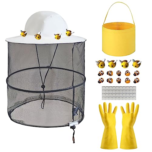 38Pcs Beekeeper hat Set Including 1Pc Bee Keeper Hat, 4Pcs Wool Felt Bee,10pcs Small Wooden Bee,Double Side Tape Yellow Beekeeping Gloves and Felt Bucket for Beekeeper Halloween Costume Adult ﻿