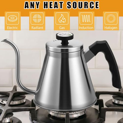 2 Pack 40 oz Gooseneck Kettle with Thermometer Stainless Steel Pour over Coffee Kettle Precision Drip Spout for Stovetop Home Kitchen Camping(Silver) - color: Sliver