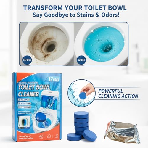 Toilet Cleaning Tablets | Fast-Dissolving, Long-Lasting Freshness | 12/24 Count | Safe for All Toilets, Septic Tanks & Pipes (12)