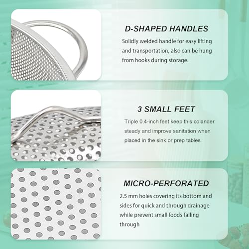 Stainless Steel Colander, 3-Quart Micro-Perforated Metal Colander Strainer with Handle for Kitchen/Draining Pasta/Rinsing Vegetables Fruits,Dishwasher Safe - 8.8 Inches - size: 3QT