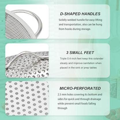 Stainless Steel Colander, 3-Quart Micro-Perforated Metal Colander Strainer with Handle for Kitchen/Draining Pasta/Rinsing Vegetables Fruits,Dishwasher Safe - 8.8 Inches - size: 3QT
