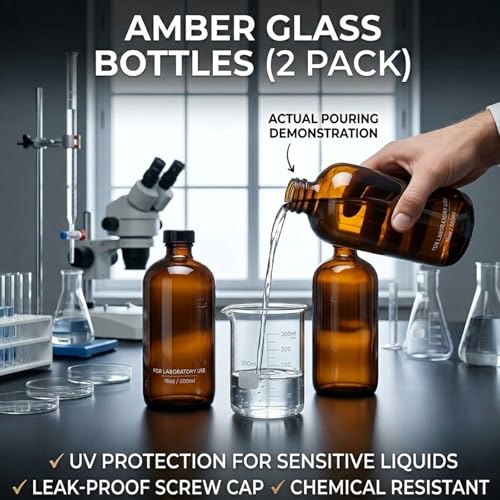 16oz Amber Glass Bottles 2 pack with Lids& Stainless Steel Funnels,Refillable Boston Brown Round,Dispensing for Homemade Vanilla Extract,Oils,Herbal Medicine,Ginger Shots