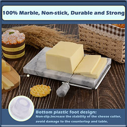 Cheese Slicer, Cheese Cutter Heavy Duty 5" x 8", Polished Marble Cheese Slicer Board for Cut Block Cheeses, Butter, Meats, Other Appetizers (White Grey)